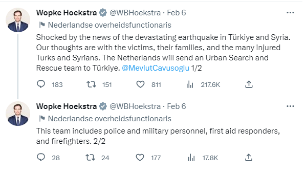 Tweet Hoekstra aardbeving
