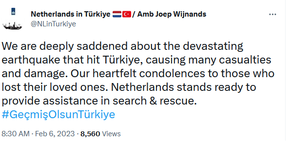 Tweet Nederlandse ambassade Turkije aardbeving