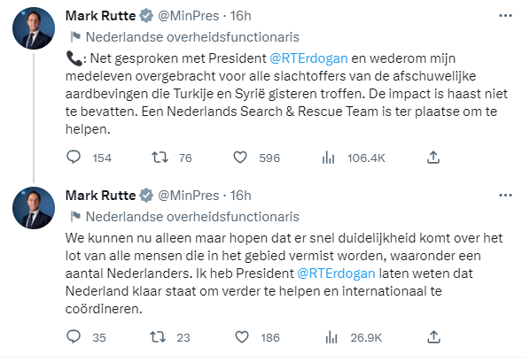 Tweet Rutte gesproken met Erdogan