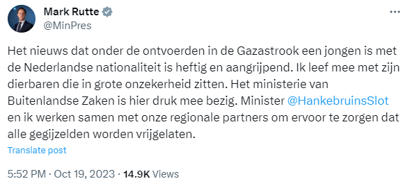 Minister-president Rutte reageert op berichten over in Gaza gestrande Nederlander