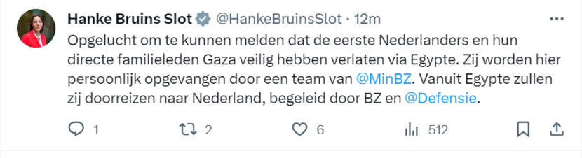 Minister Bruins Slot meldt op X opgelucht te zijn dat de eerste Nederlanders Gaza veilig hebben kunnen verlaten