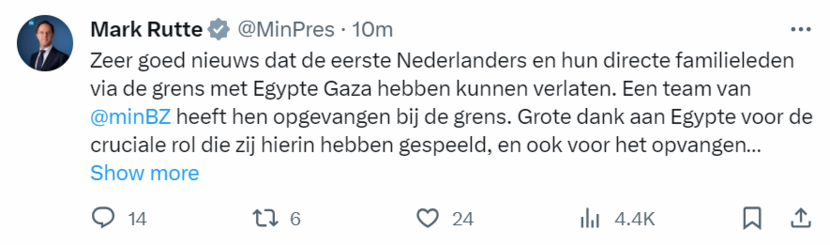Minister-president spreekt zijn opluchting uit over de uit Gaza vertrokken Nederlanders.