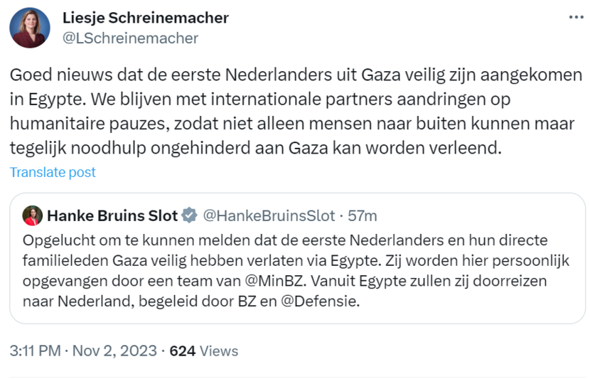 Minister Schreinemacher roept op tot humanitaire pauze in Gaza.