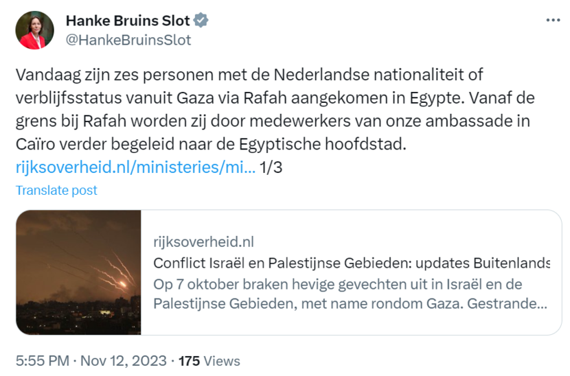 Minister Bruins Slot dankbaar dat meer Nederlanders Gaza hebben kunnen verlaten.