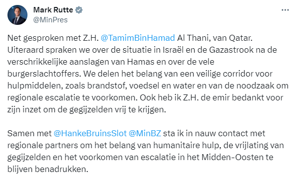 Tweet van minister-president Rutte
