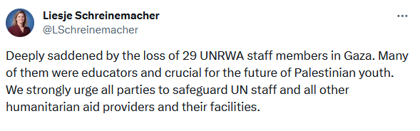 Tweet van minister Schreinemacher over 29 omgekomen UNRWA-medewerkers