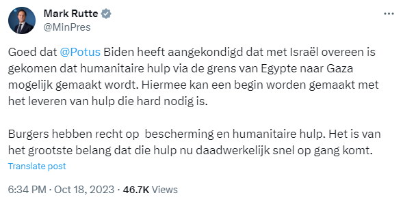 Tweet MP Rutte na statement Biden Israël