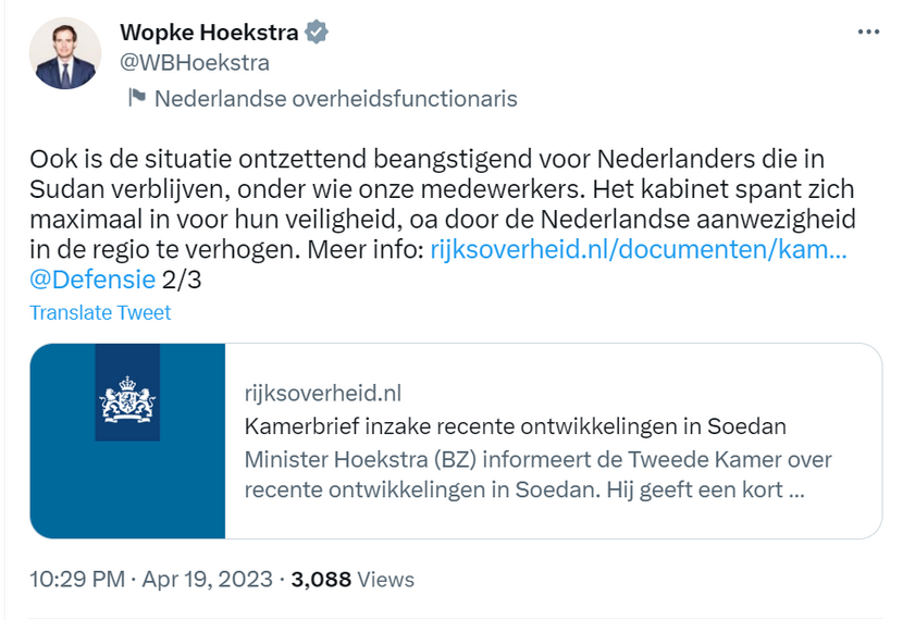Tweet Hoekstra situatie Sudan