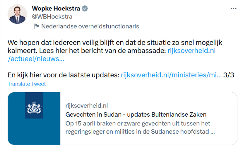 Tweet Hoekstra Sudan