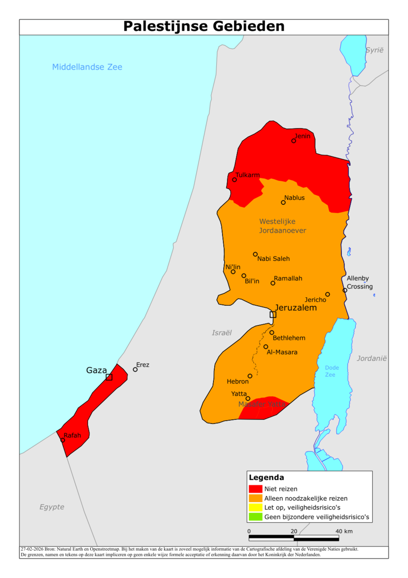 Kaart reisadvies Palestijnse Gebieden