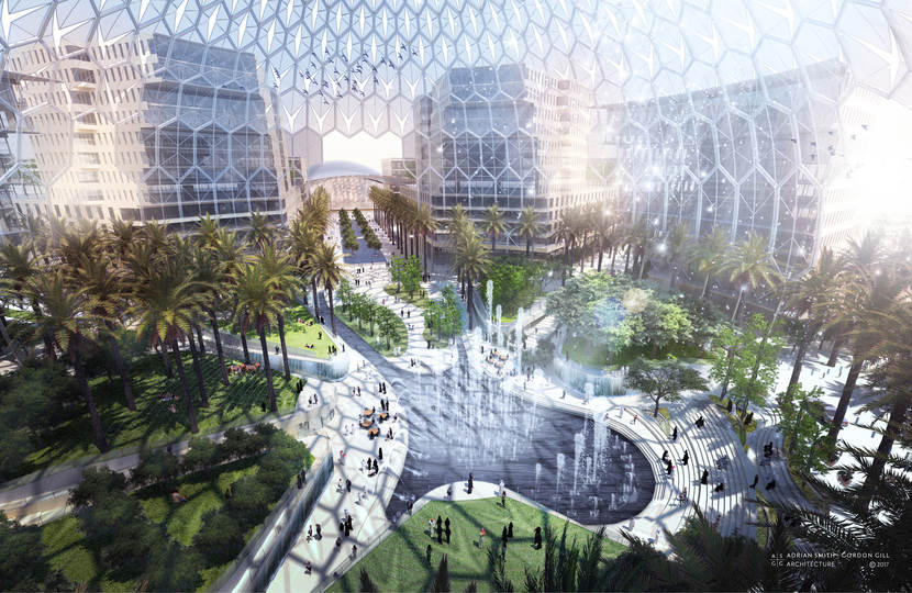 Schets van het Al Wasl plein, het middelpunt van de Dubai Expo 2020.