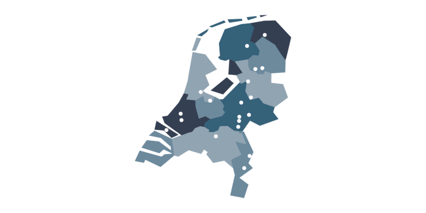 Kaart van Nederland waarop de geselecteerde gemeenten zijn weergegeven