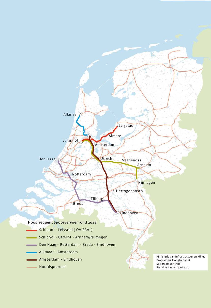 Deze kaart laat zien waar de 5 trajecten lopen waarop in 2028 hoogfrequent spoorvervoer mogelijk is.