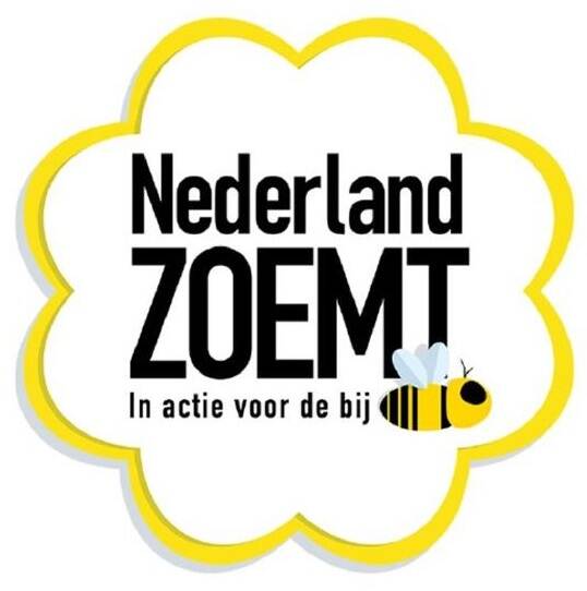 Logo Nederland Zoemt in vorm van bloem met tekst Nederland Zoemt in actie voor de bij