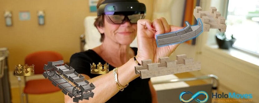 Een oudere vrouw met een 3D-bril op speelt een balansspel