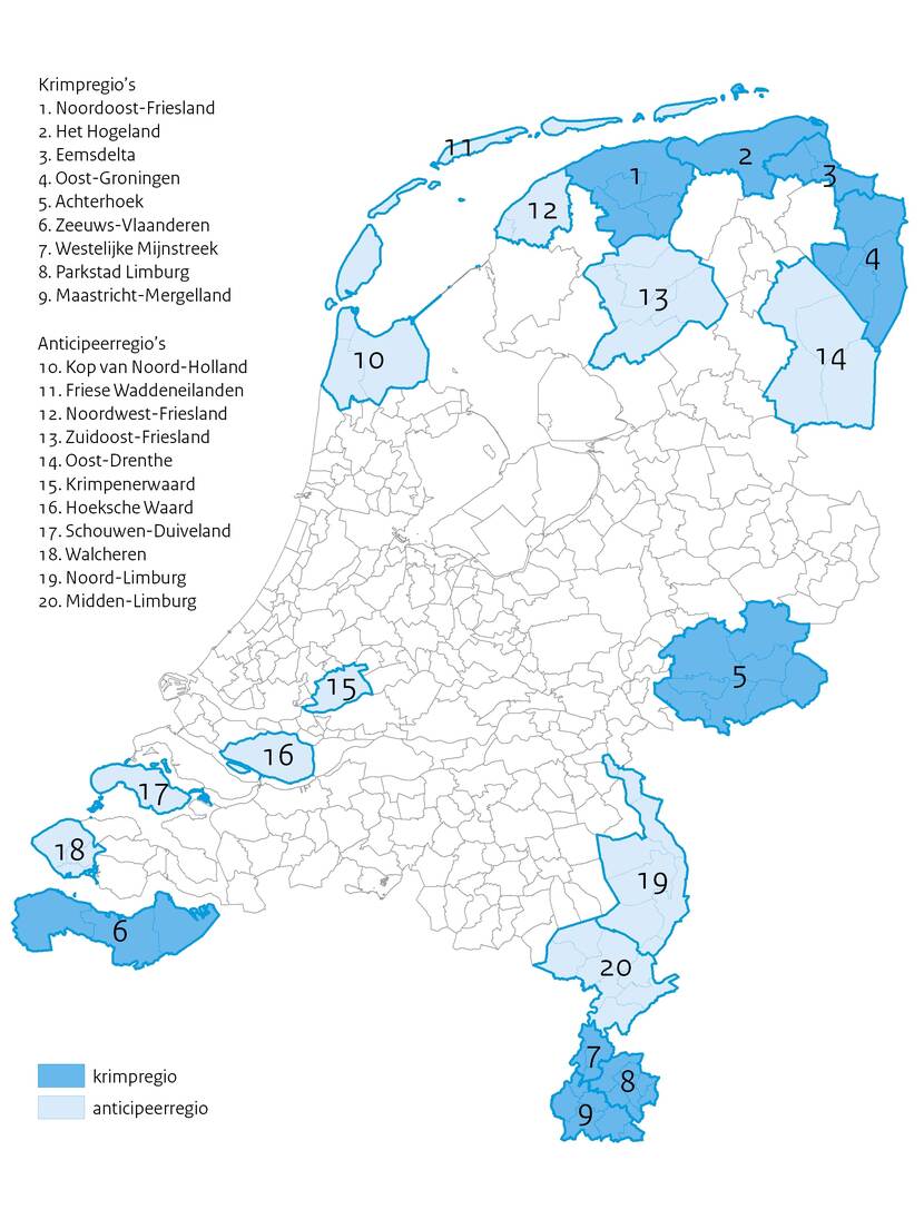 Kaartje van Nederland met genummerde regio's.
