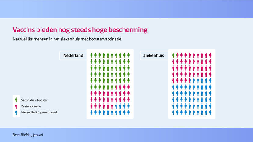 Overzicht van percentage gevaccineerden in Nederland en percentage gevaccineerden die in het ziekenhuis liggen met corona.