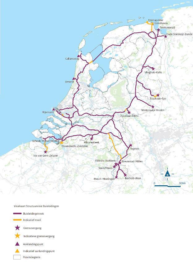 Kaart van Nederland met nieuwe en voorgestelde tracés voor transportbuisleidingen voor aardgas, olie en chemicaliën.