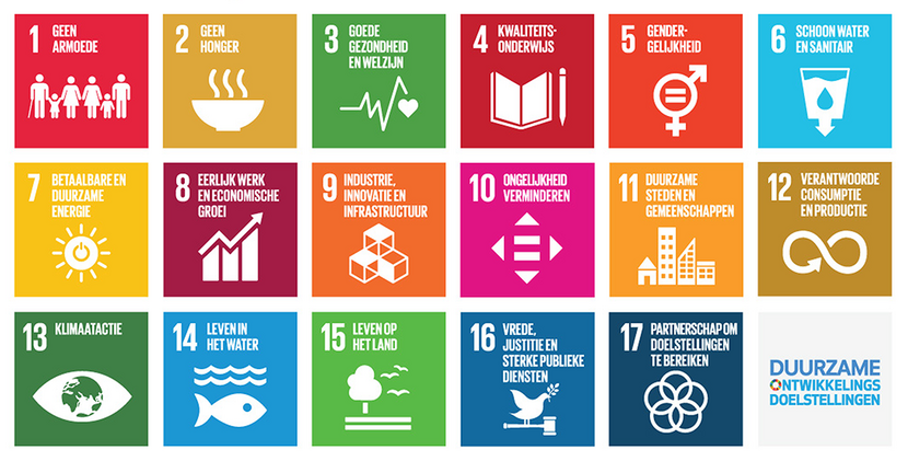 De 17 Duurzame Ontwikkelingsdoelen opgesomd met icoontjes.