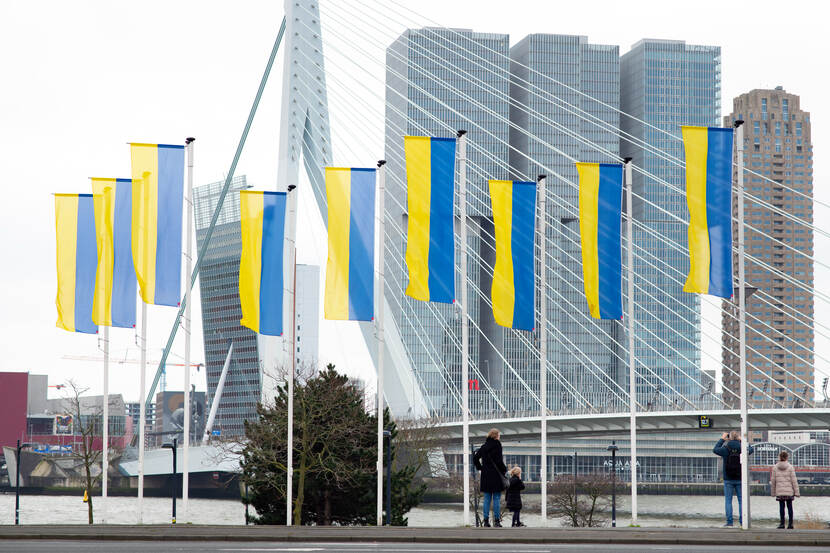 Vlaggen voor Oekraïne op de Maasboulevard in Rotterdam