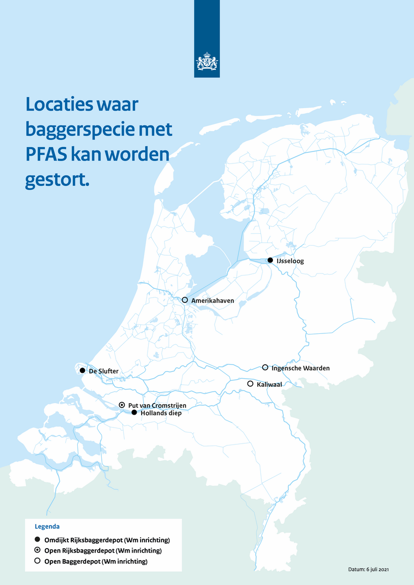 Kaart van Nederland met plekken waar baggerspecie met PFAS mag worden gestort