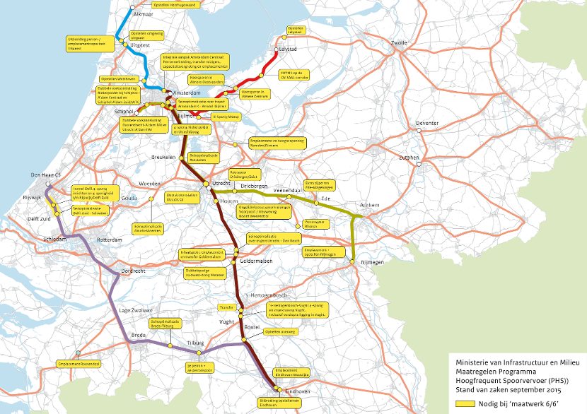 Kaart van Nederland met daarop de trajecten van het Programma Hoogfrequent Spoorvervoer (PHS).